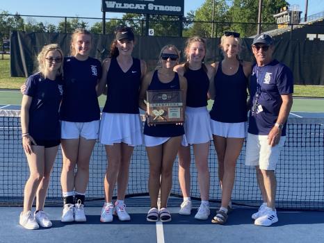 The undefeated Soddy Daisy girls tennis team claimed the District 6-AA championship Wednesday afternoon. Pictured Left to Right are: Channa Hernandez, Laura Jenkins, Wetherly Barker, Paige Martin, Leah Daniels, Anna Morgan, and Coach Derrick Fussell.
