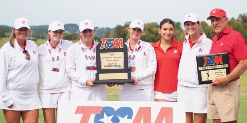 Baylor's girls' golf team captured their 22nd state championship on Friday. Pictured from left are assistant coach Blakesly Brock, Caroline Au, Katie Grace Tuder, Charlee Spearman, Mylee Murillo, assistant coach Rheagan Gibbs, and head coach Gary Partrick.