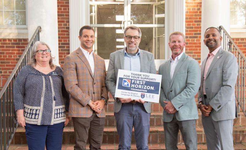 Logan Young and Shane Sewell from First Horizon visit Lee's campus to see firsthand the CELL Program in action. Pictured (left to right) are Dr. Erin Hattabaugh, director of grants at Lee; Mr. Young; Dr. Chris Blake; Mr. Sewell, senior community banker; and Dr. Fijoy Johnson, Lee's director of community and church relations.