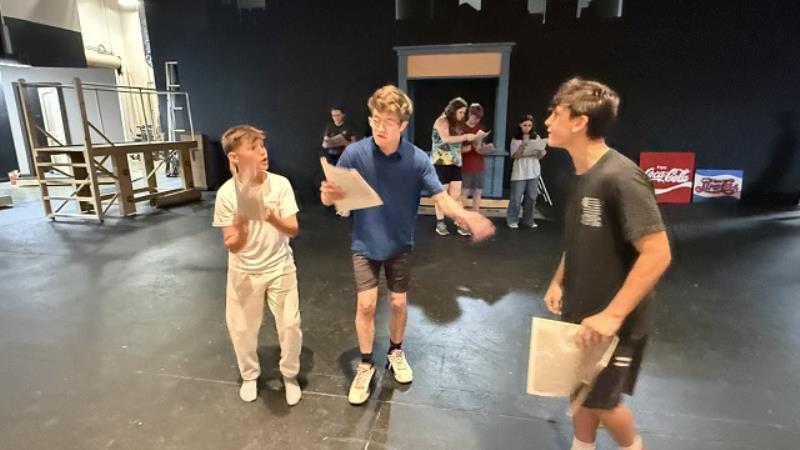 Rhett Brown, Luke Scharff and Chuck Barker are off to the races as they rehearse “Fugue for Tinhorns,” the peppy opening number where three gamblers are convinced they’ve each picked the winning horse.