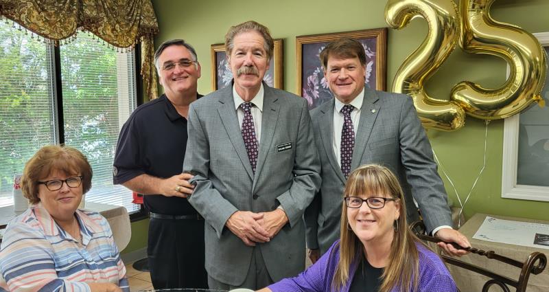 Pictured, left to right, are Ruth Ann Johnson, Stephen Pike, Rev. Stewart, Mike Blevins and Jennifer Loveless