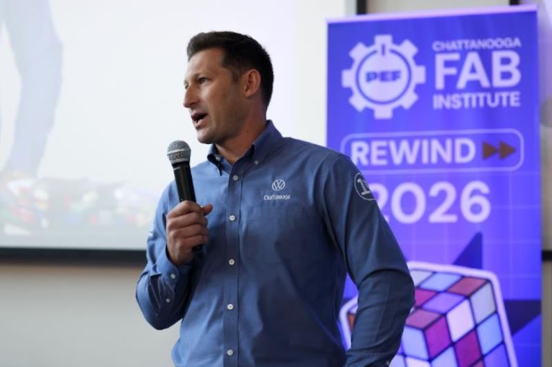 Benjamin Williams, assistant manager of technical training at Volkswagen Chattanooga, addresses the crowd at the PEF Chattanooga Institute