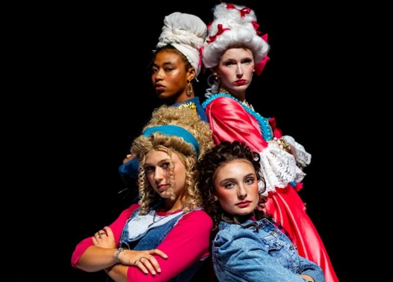 The cast of the UTC Theatre Co.’s “The Revolutionists” includes (clockwise from top left) Mahogany Sales as Marianne Angelle, Gracie Headrick as Marie Antoinette, Cameron Schulz as Charlotte Corday, and Lily Phillips as Olympe de Gouges.