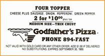 Godfather's Pizza offer, from a ticket to the 5/26/1989 Chattanooga Lookouts game against Charlotte.  Click to enlarge.