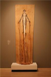 Lesley Dill (b. 1950), White Threaded Poem Girl, 1996, photo silkscreen, oil paint, and thread on tea-stained silk, 156 x 40 inches, Museum purchased with contributions from Spectrum 2006, 2006.5.