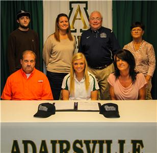 Seated, from left, are Bobby Joe Bramblett, father Mallory Bramblett, and mother Sonia Bennett. Standing are Brett Bramblett, brother, Meredith Barnhill, Adairsville High School Head Girls’ Basketball Coach, Jim Williams, Georgia Northwestern Head Women’s Basketball Coach, and Linda Greene, grandmother.