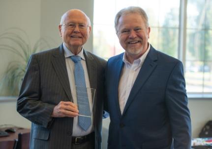 Dr. French Arrington, left, School of Religion 2018 Distinguished Alumnus of the Year, poses with Dr. Terry Cross, dean of the School of Religion at the department breakfast where Dr. Arrington received his award