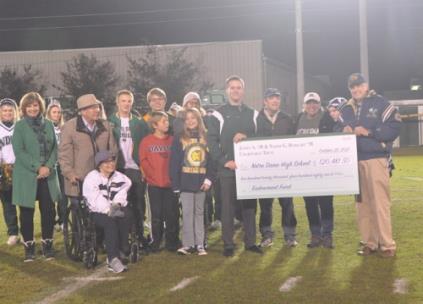 Pictured, left to right: Kathy Martin, NDHS director of Advancement; Tom & Marjorie Borchers; Tim, Mike, Robbie, Mary Clare and Megan Monahan; Kyle Schmitt, NDHS president; Tim Monahan; Beth and Savannah Johnson; and Fos Goodwin