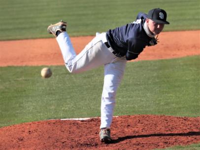 Soddy Daisy's Landon Maynor throws to the plate in a game Monday night against East Hamilton. The homestanding Hurricanes grabbed a key 5AAA win over the Trojans, 12-9.