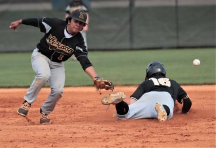 Bradley's Taylor Duggan (16) is safe at second as the ball gets past Hixson shortstop Manny Velazquez (1). The Bears defeated the Wildcats, 7-2.