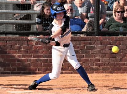 McKamey Bratcher of GPS swings to make contact with a pitch. Bratcher, along  with Ansley Blevins, had three hits to   help lead the Bruisers to a 6-0 win over Cleveland Monday afternoon at T.A Lupton Field. 