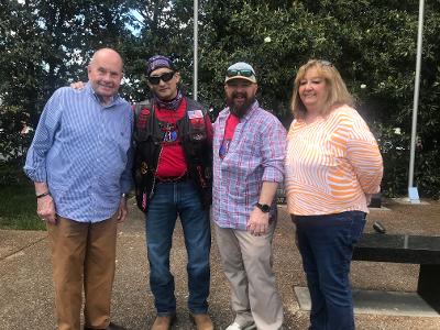 Conclusion of the Operation Hero Ride was at Five Points Memorial Wall with a prayer and reflection in tribute of emergency services personnel who died in the line of duty. From left: Mayor Emeritus Tom Rowland, Joe Fusco and Danny Fay of Bradley/RoughNecks Motorcycle Club and Brenda Lawson, president of Cleveland 100.