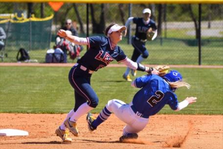Alexa Scalzo tags out a runner at second in game one of Saturday's doubleheader with UAH