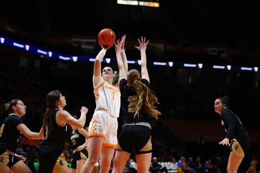 Tennessee's Sara Puckett (1) puts up a shot against Woffard Tuesday night at Food City Center. The Lady Vols won by a 85-63 margin.