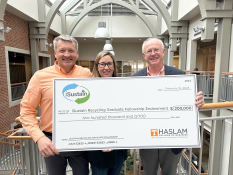 From left, iSustain Vice President of Business Development Mark Huber, iSustain Founder Dawn Huber and University of Tennessee Haslam College of Business Dean Dr. Stephen Mangum