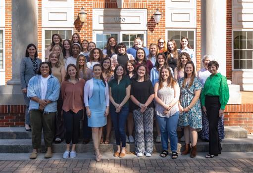 This year’s Lettie Pate Whitehead scholars after a reception held to honor the graduating scholars. Pictured with the students are Vanessa Hammond; Dr. Angela Waltrip, director of Lee’s Learn Engage Achieve Program; and Udella Walker, wife of Lee President Dr. Mark Walker. 