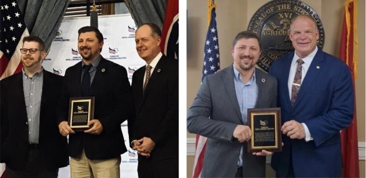 From left to right are Aaron Gulbranse, director of the Tennessee Faith and Freedom Coalition, Senator J. Adam Lowe and Senate Majority Leader Jack Johnson. Also honoring Senator Lowe was Glenn Jacobs, county mayor from Knox County.