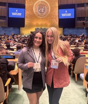 Laila Pourfarzib and Katie Kruger in the Model U.N. auditorium in New York