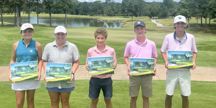 The champions of the Jim Sievers Junior Classic were crowned on Wednesday at The Honors Course. Pictured from left are Lyla Silecchia (Girls 12-14), Katie Tuder (Girls 15-18), Fletcher Wakefield (Boys 12-13), Mason Bankston (Boys 14-15) and Dalton Franklin (Boys 16-18)