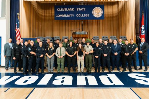 LET graduates pictured are, first row, left to right: Danny Pendergrass, Hailey Beaty, Krischan Goins, Christopher Zwinkel, Lainey Fink, Gary Sewell, Candice Shafer, Celia Moser, Daisy Graham, Amber Durham, Alexander Prasinos, Colby Vanhook and James Blackwell; pictured, second row, left to right: Asst. Director Douglas Towne, Brian Ferguson, Mekhi Collins, Geoffrey Gibson, Steven Rollins, Bradley Jarvis, Oliver Mey, Kevin Rothwell, Brian Vargas, Phillip Bonanno, Jon Tudor, Jacob Green, Graydon Colbaugh, Colby Lawson and Director Mike Hodges.