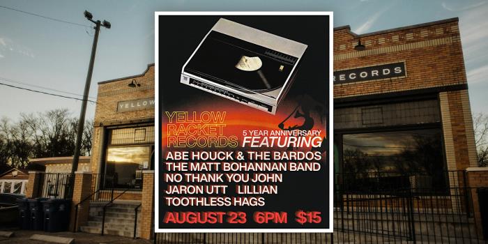Yellow Jacket Records celebrates five years Aug. 23 with music from Lillian, Matt Bohannon Band, No Thank You John, Abe Houck & The Bardos, Toothless Hags, and Jaron Utt