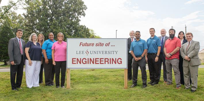From left, at the future site of the Engineering Building, Dr. Paul Conn, Lee chancellor; Dr. Marcie Williams, engineering professor; Kristen Grisham, director of community engagement at Lee; Rikki Singletary and Angie Sewell of Eaton; Dr. Mark Kilgore, engineering professor; Karthik Iyer, Eaton plant manager; Todd Berghoff of Eaton; Dr. Phil Cook, Lee president; Dallas Bostian of Eaton; Vanessa Hammond, vice president of university relations at Lee; and Dr. Blayne Carroll, chair of Lee’s Department of Mathematical Sciences