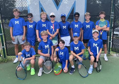McCallie Middle School tennis team, pictured from left to right:  Front row:  Hugh Gerwin, Graeme Coleman, Raine Lyons, Dax Murray & Tyler Strickland.  Back row:  Teddy Osborne, Reed Soni, Cooper Darr, Whit Higney, Aaron Vincent, Vikranth Basava, Mason Rudder & Mac Lawson