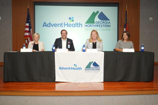(From left) Amy Jordon, chief nursing executive of AdventHealth Southeast Region and chief nursing officer of AdventHealth Redmond; Isaac Sendros, president and CEO of AdventHealth Georgia and AdventHealth Redmond; Dr. Heidi Popham, president of Georgia Northwestern Technical College (GNTC); and Becky Redd, chair of GNTC Board of Trustees, sign a partnership agreement designed to boost enrollment in GNTC’s Associate of Science in Nursing (ASN) program.