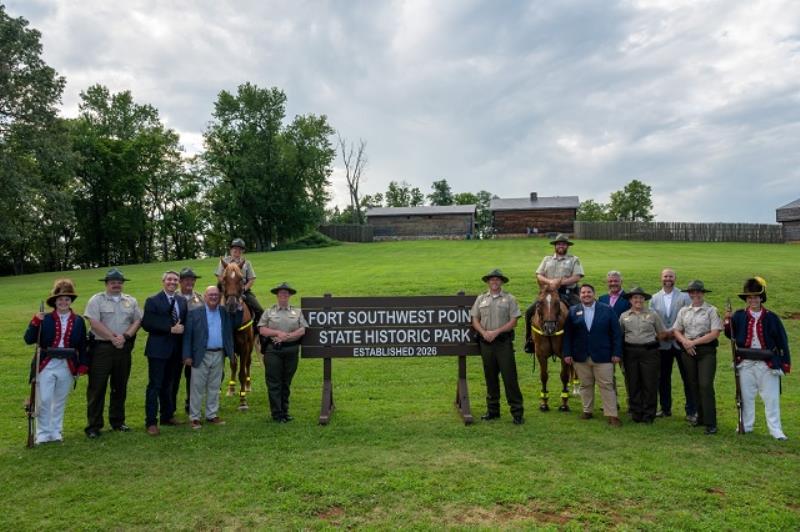 Tennessee Department of Environment and Tennessee State Parks leaders, along with historical reenactors celebrate the dedication of Fort Southwest Point State Historic Park, the newest and 66th Tennessee State Park.