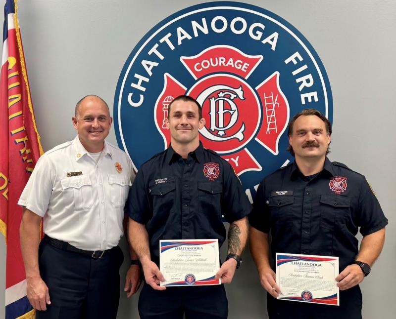 From left to right are Fire Chief Terry Knowles, FF Walthall, and FF Clark