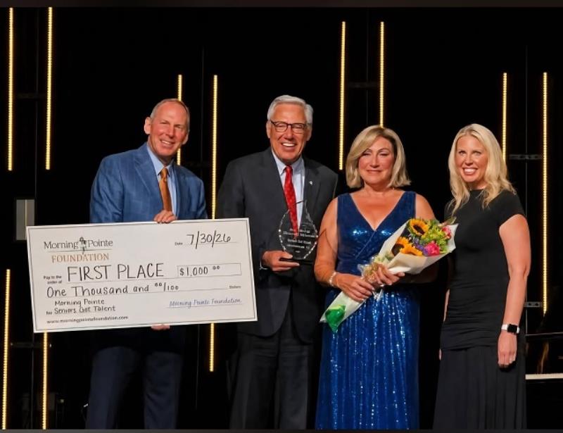 ictured, left to right, at award presentation at Seniors Got Talent: Franklin Farrow, co-founder, Morning Pointe Senior Living; Greg A. Vital, co-founder, Morning Pointe SeniorLiving; Dr. Terri Hall; Miranda Perez, executive director, Morning Pointe Foundation