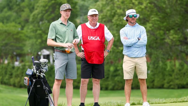 Brett Patterson (left), shown at the U.S. Amateur Four-Ball with partner Payne Denman (right), is tied for 13th at the U.S. Mid-Amateur