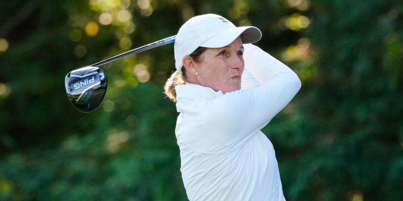 Nashville's Sarah Ingram watches her tee shot in the U.S. Senior Women's Amateur Championship on Sunday